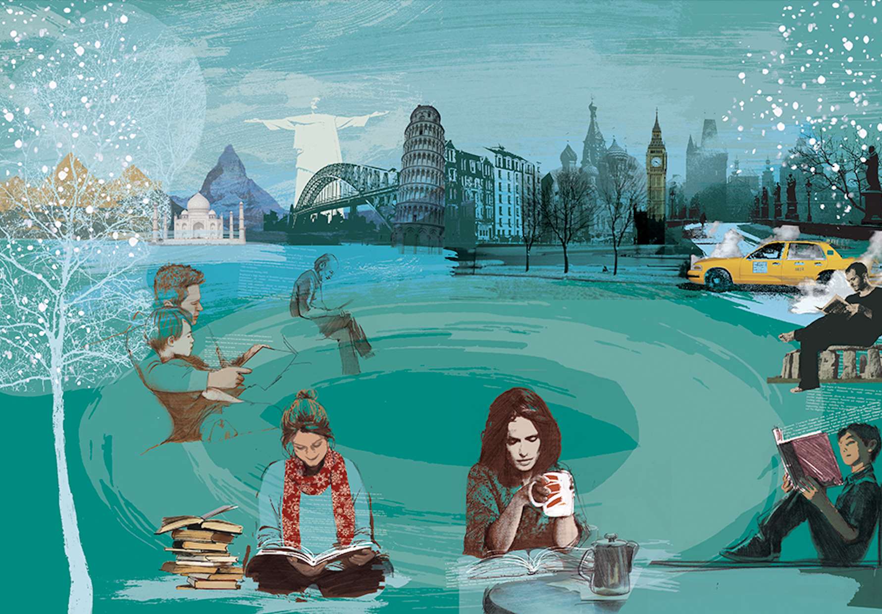 Kate Miller, Two female characters sitting with city scene behind them by Kate Miller. 